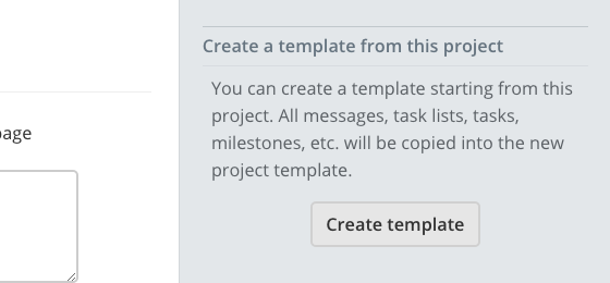 Interface to create a template from a project