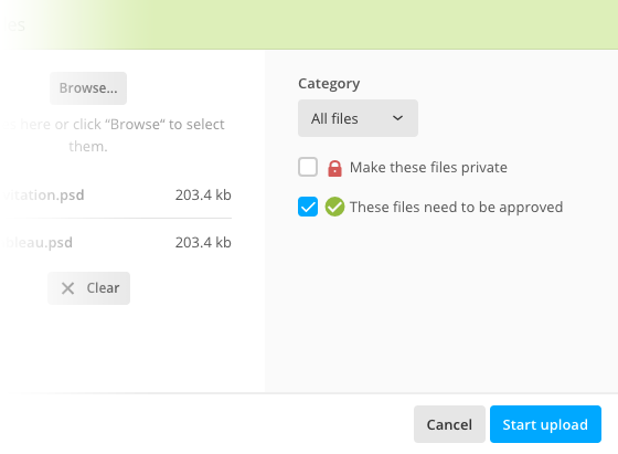 Upload file window with file approval enabled