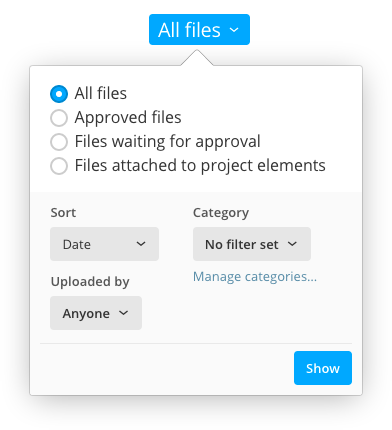 Filters and view options for the file list