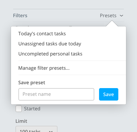 The filter preset dropdown