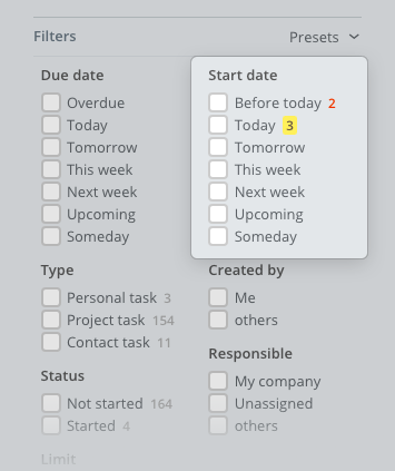 Filters for the Start date field