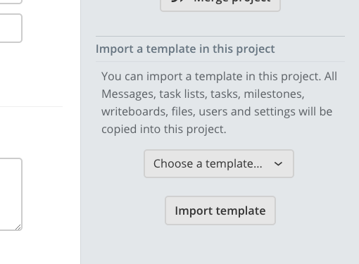 The 'Import template' block in the project settings