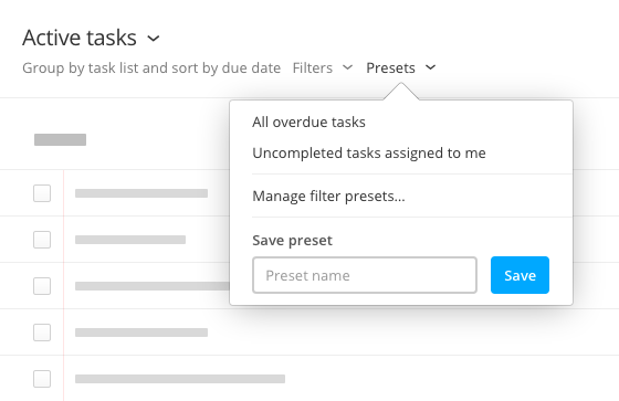 Combinazioni di filtri salvate nella pagina dei task di un progetto