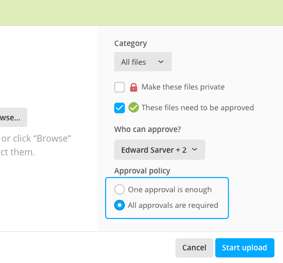 Approval policy options in the file upload form