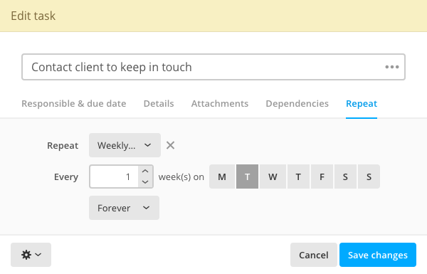 Setting recurrency options in the task form