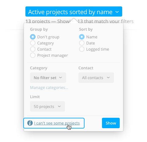 Project list filter popup